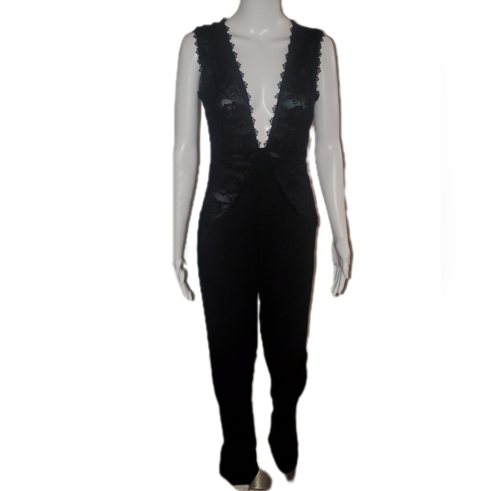 Fashion Nova Black Lace Trim Deep V Jumpsuit - Size M